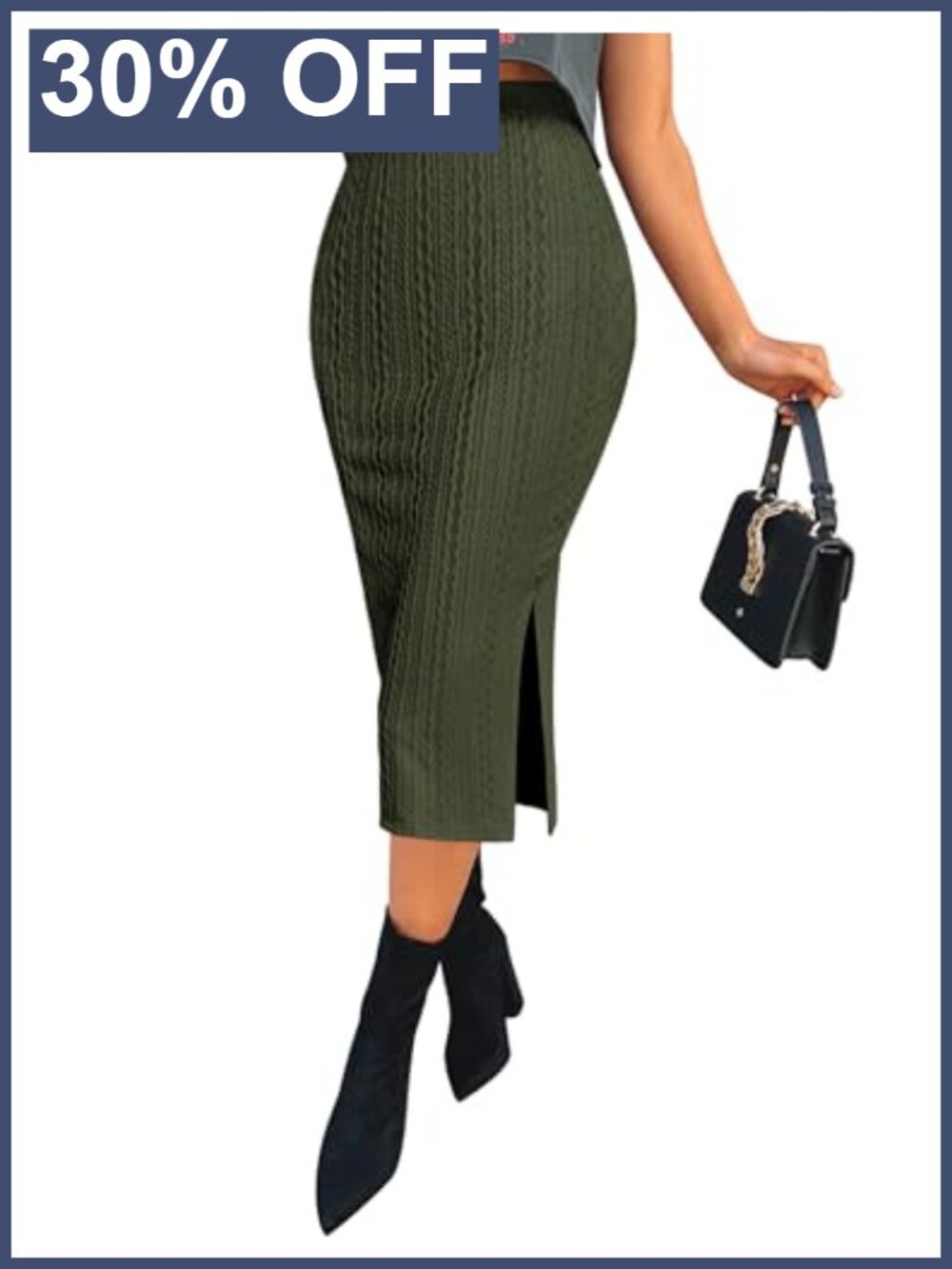 Women's Knit Midi Pencil Skirt High Waisted Slit Work Office Casual